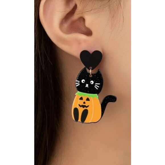Halloween Earrings Cat in Pumpkin Acrylic with alloy posts NEW - Picture 3 of 3